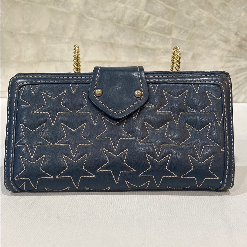 Marc Jacobs Navy Leather Star-Patterned Wallet w Logomania fabric inside VTG